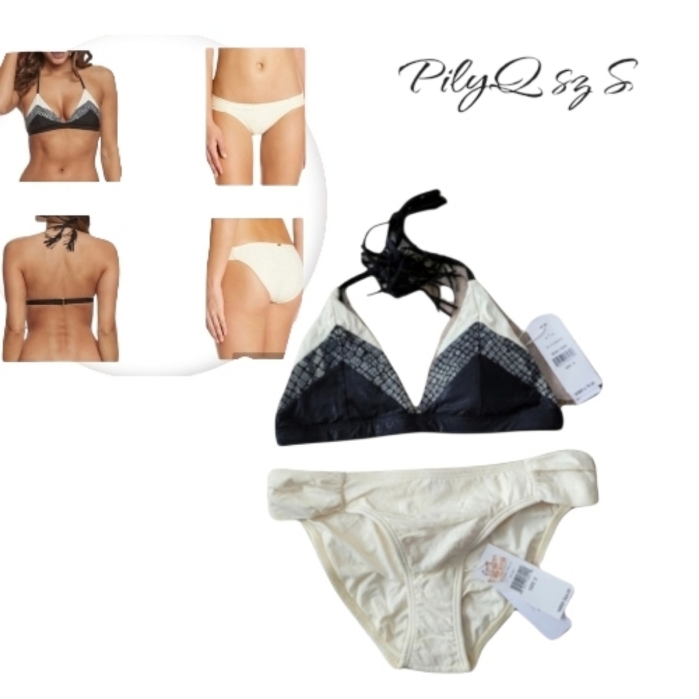 PilyQ Boa Color Block Triangle Bikini Top & Fanned Full Bottom Set  Sz S NWT